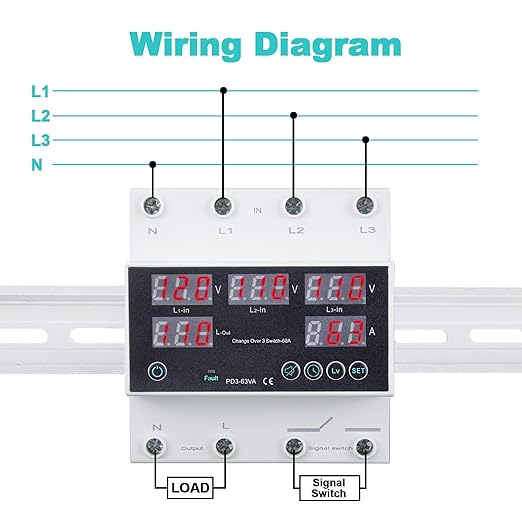 Automatic Transfer Switch 110V 63A Auto Transfer Switch Real-time Monitoring with LED DisplayDin Rail Mount