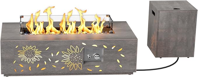 2-Piece 42 LED Rectangular Propane Fire Pit for Outside Patio with Hidden Tank Table 50000 BTU Fireplaces with Glass Wind Guard Lid Glass Rocks Cover(Sunflower w/Warm Light)