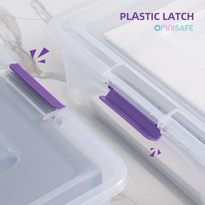 Plastic Storage Bin with Lid Stackable Design Clip Box for Crafts Supplies and Office Items Container (4 Pack 10 Quart Purple)