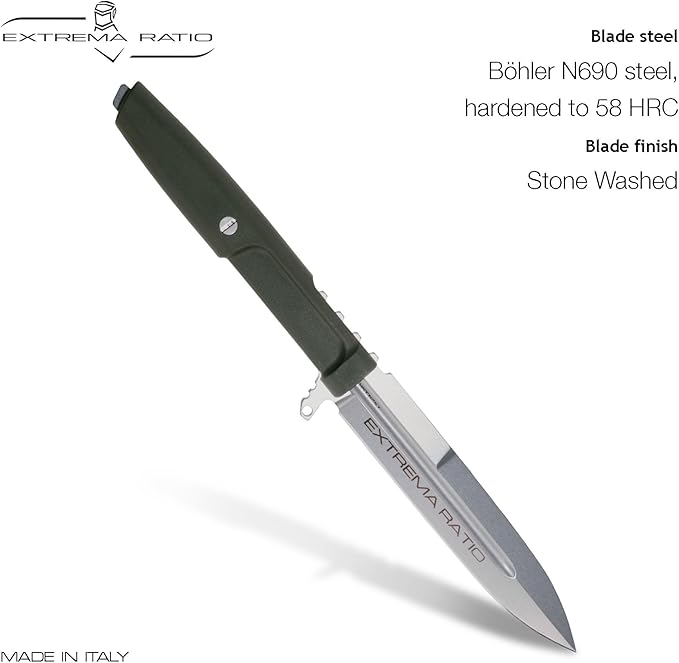 Extrema Ratio - Requiem (Ranger Green) Fixed Blade Knife Bohler N690 steel blade 4.9 mm thick hardened to 58 HRC stone-washed finish lightweight ergonomic handle made in Italy