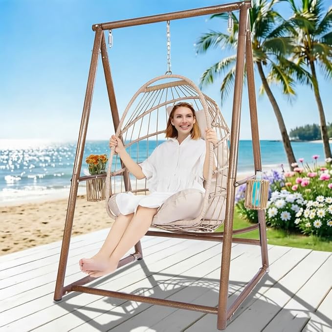 YOXIFOC Reinforced Base &amp Triangular Structure Hammock Stand with 2 Storage Baskets Swing Stand with 3 Hooks Fit for Most Hanging Chair for Oudoor&ampIndoor (Stand Only) (Coffee)