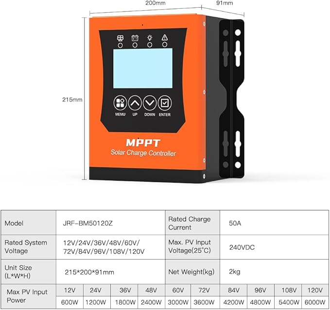 50 amp 48v Mppt Solar Charge Controller 12V/24V/60V/96V/120VSolar Panel Controller for Lifepo4/Lithium /Gel/ Rv Battery (Max Input 240V50A)