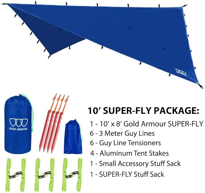 Gold Armour Rainfly Tarp Hammock Premium 14.7ft/12ft/10ft/8ft Rain Fly Cover Waterproof Ultralight Camping Shelter Canopy Survival Equipment Gear Camping Tent Accessories (Blue 10ft x 8ft)