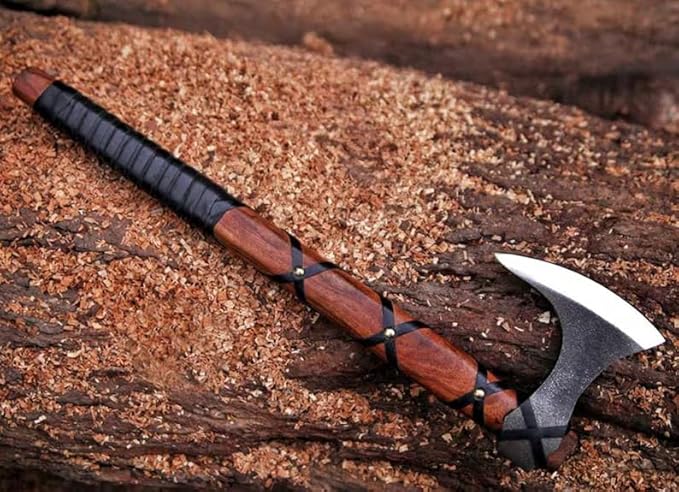 Viking Axe | Hand-Forged Carbon Steel Tomahawk with Rosewood Handle &amp Leather Sheath Bearded Axe for Camping Bushcraft Throwing Gifts for Men (Brown)