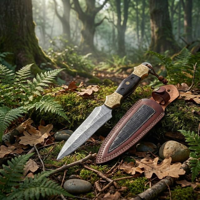 Dessi Damascus Steel Fixed Blade Knife Handmade Hunting Camping Hiking Hand Engraved Copper Bolsters Wenge Wood Handle Leather Sheath SM11