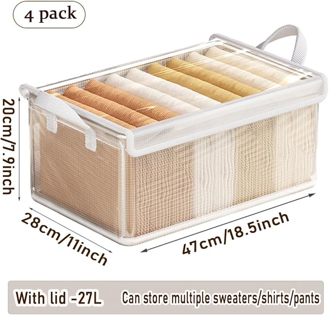 4PCS Foldable Storage Box with Lid - Extra Large Fabric Closet Organizer for Clothes 18.5x11x7.9 Inch Canvas Bin Collapsible Design for Bedroom Shelf Closet Underbed (Clear)