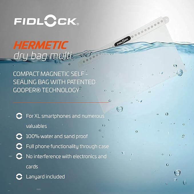 FIDLOCK Hermetic Dry Bag Flexible Magnetic Self-Sealing Bag for Cellphone | 100% Water &amp Sand Proof | Practical Size with a Large Opening | Lanyard Included | Multi | White