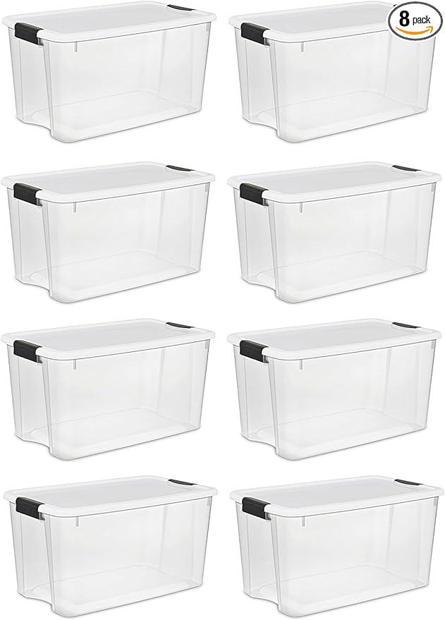 STERILITE 19889804 70 Quart/66 Liter Ultra Latch Box Clear with a White Lid and Black Latches 8-Pack