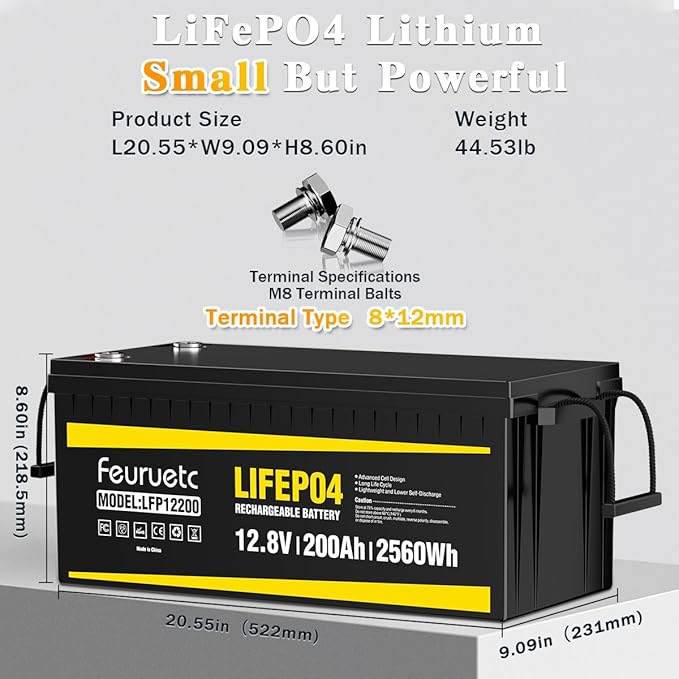 12V 200Ah Lithium LiFePO4 Battery Built-in 200A BMS 2560Wh Energy Storage Iron Phosphate 8000-15000 Deep Cycles Battery for Solar Trolling Motor RV