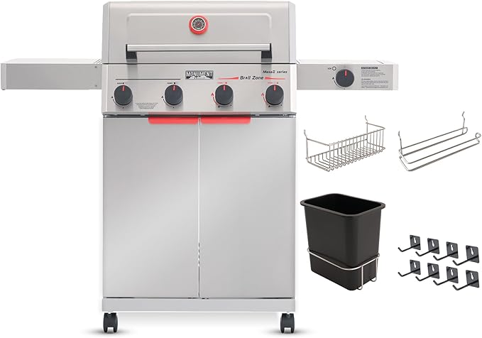 Monument Grills 4+1 Burner Stainless Steel 525 sq.in Propane M2 Gas Grill 49000 BTU 500°F in 5 Mins Outdoor Patio Grill with Broil Zone 1 Side Burner 1 Foldable Side Shelf with 4 Accessories