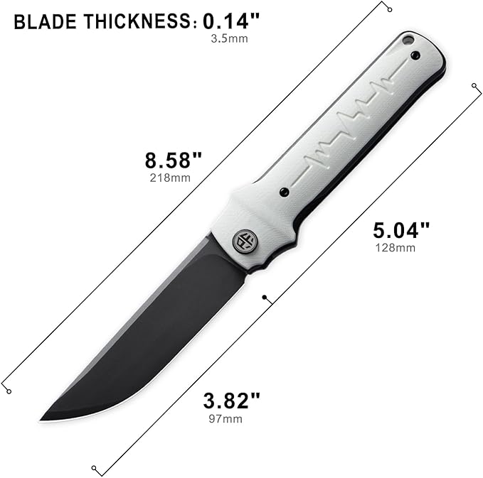 Petrified fish PFB04 Tena Folding Knife 3.82 D2 Steel Black Stonewashed Blade G10 Handle Pocket Folding knife for EDC Camping Outdoor (White Black Stonewashed)