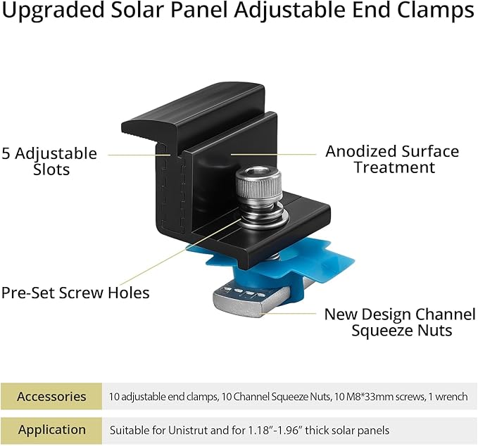 Anbte 10pcs Adjustable Solar Panel End Clamp for Unistrut 30-50mm Aluminum Solar Panel Mounting Brackets with Nuts Bolts and Wrench for Metal Roof Tin Roof Flat Roof Sheet Roof RV Black