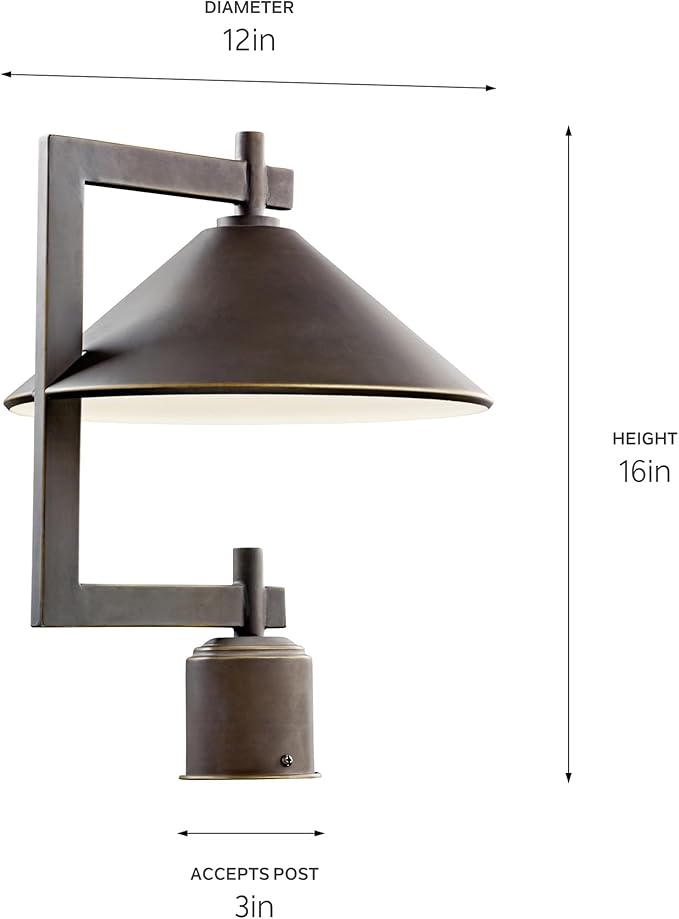 Kichler Ripley 16” Outdoor Lamp Post in Olde Bronze 1-Light Industrial Style Lamp Post for Driveway or Garden Path 49063OZ (12 W x 16 H)