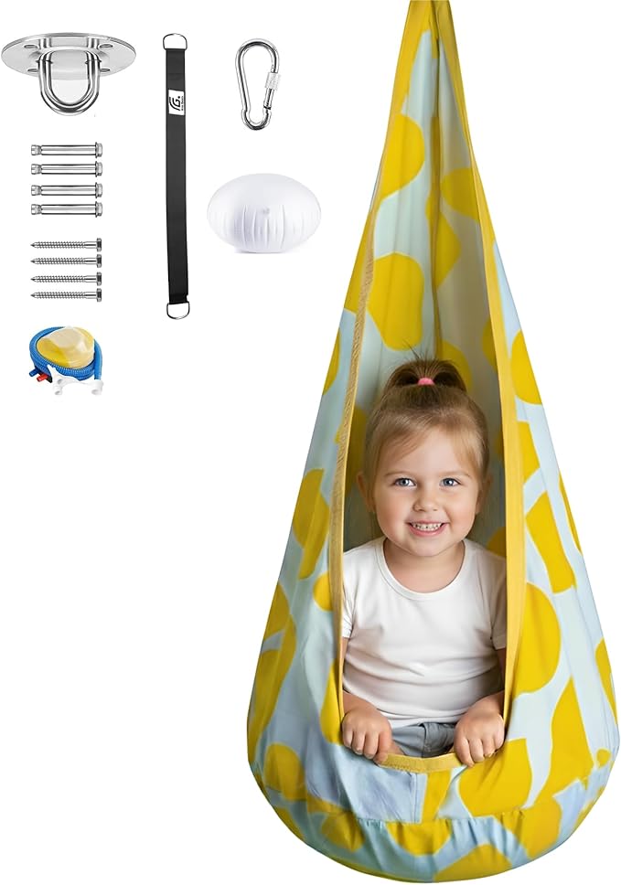Calming Sensory Swing — Indoor Sensory Hammock for Kids &amp Adults Supports up to 170 lb (77 kg) Double-Layer Canvas Fabric Hanging Hardware Included White-Yellow