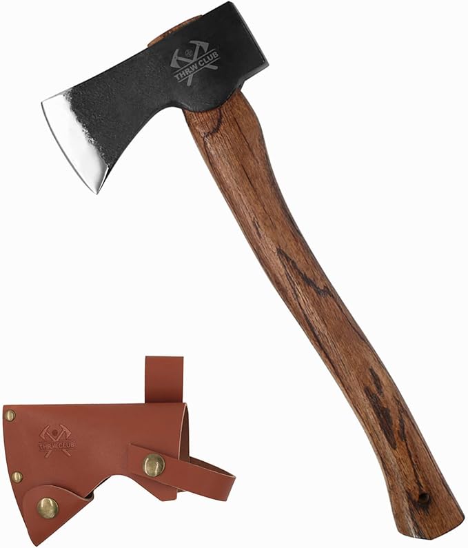 15.7 Hand Forged Axe Camping Hatchet with 1065 Carbon Steel &amp Wooden Handle Bushcraft Hatchet with Leather Sheath and Axe Sharpener Survival Ax for Outdoor Adventures and Gardening