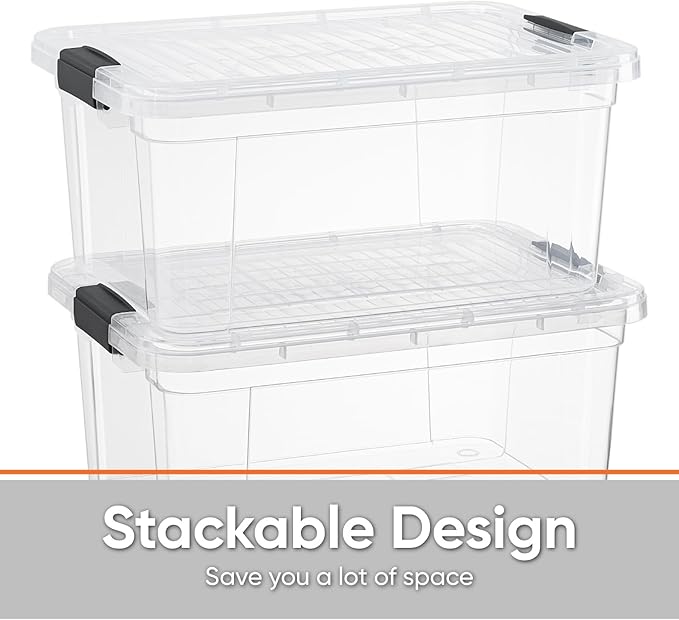 Superio Storage Bins with Lids- 4 Pack 1.85 Qt Clear Boxes for Organizing Stackable Plastic Containers- BPA Free Non-Toxic Odor Free Organizer for Home Office Dorm