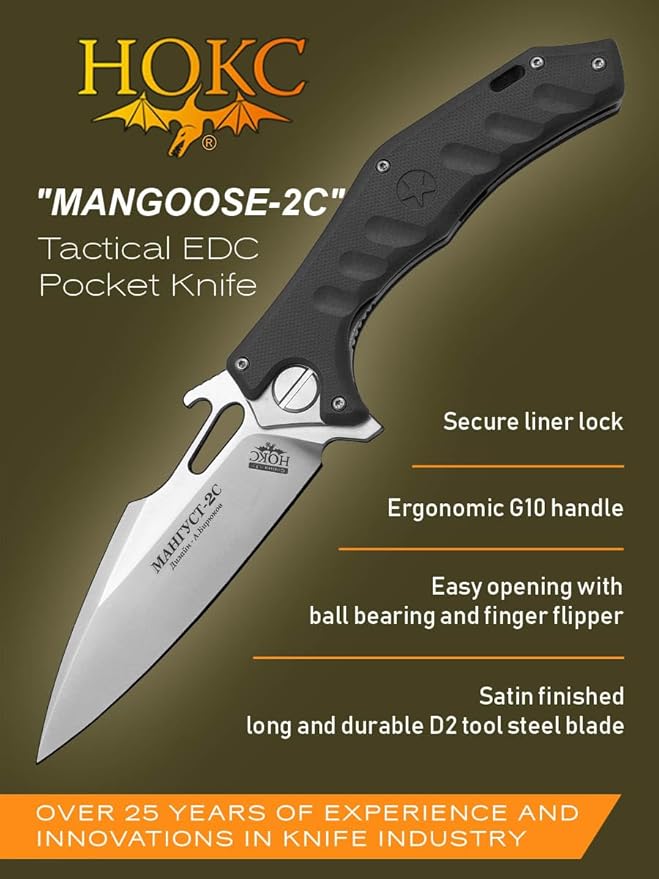 Mongoose-2C | 337-100406 | Black Gray Folding Pocket Knife by HOKC - D2 Stainless Tool Steel G10 Handle Ball Bearing Finger Flipper Wave Opener Liner Lock - Ideal for Hunting &amp EDC