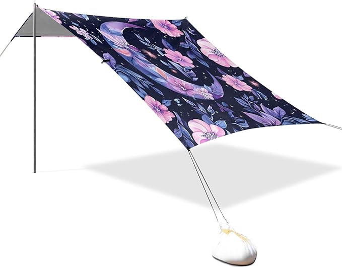 ALAZA Crescent Moon Alchemy Flowers Beach Tent Sun Shelter UPF50+ Protection Beach Shade Canopy w/ 4 Sandbags for Outdoor Camping Fishing Backyard Fun Picnic 10x9 ft