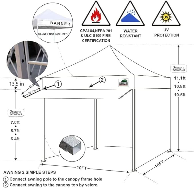 Eurmax USA 10x10 Pop Up CanopyCommercial Tent with Patented No-Tip Rolling Bag24sqft Extension Awning &amp 4 Zippered Removable WallsUV &amp Water ResistantHeavy Duty Instant Shelter GazeboBlac