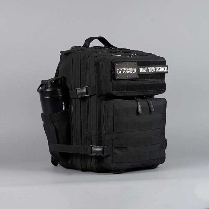 WOLFpak 25L Athletic Gym Backpack (Alpha Black) Durable 1000D Waterproof Oxford Material with MOLLE Webbing Laptop Pocket &amp Dual Cup Holders