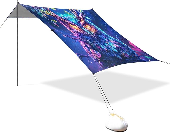 ALAZA Glowing Owl Magical Beach Tent Sun Shelter UPF50+ Protection Beach Shade Canopy w/ 4 Sandbags for Outdoor Camping Fishing Backyard Fun Picnic 10x9 ft