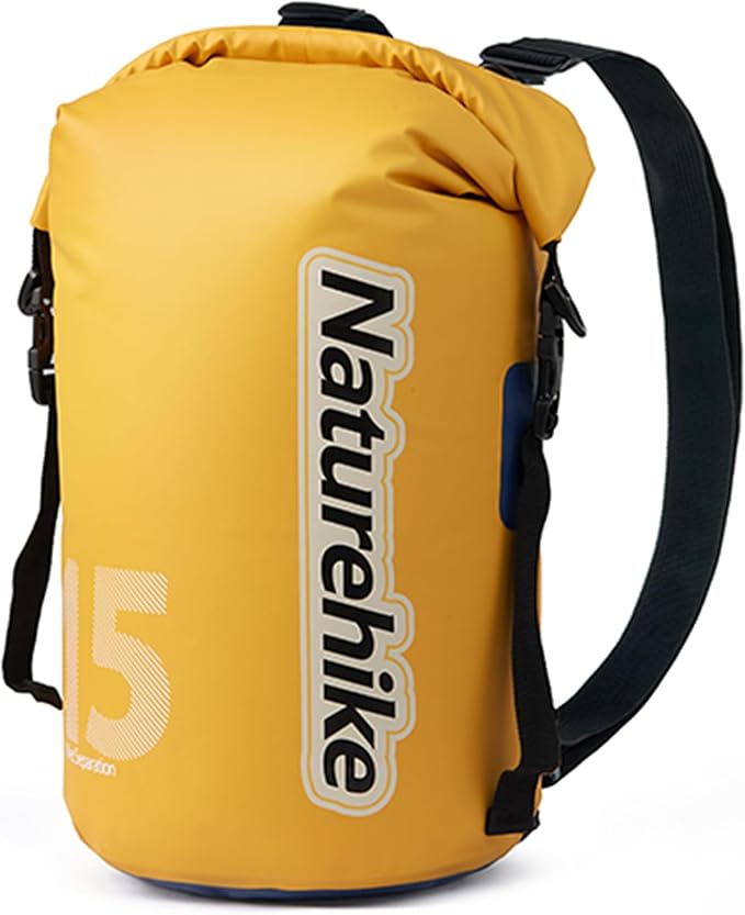 Naturehike PVC Floating Waterproof Dry Backpack 10L/15L Waterproof Pouch with Wider Shoulder Straps Roll Top Waterproof Backpack Sack for Travel Swimming Boating Kayaking Camping (Yellow 15L)