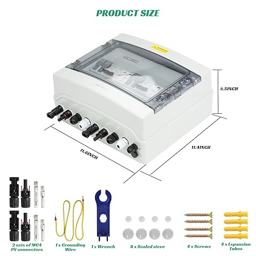 2 in 2 Out Solar Combiner BoxPV Combiner Box with 20A PV FuseDC 20A Circuit Breaker and Surge ProtectorIP65 Solar Disconnect Switch Box for Indoor Outdoor Solar Panel System (2 in 2 Out 20A 1000V)