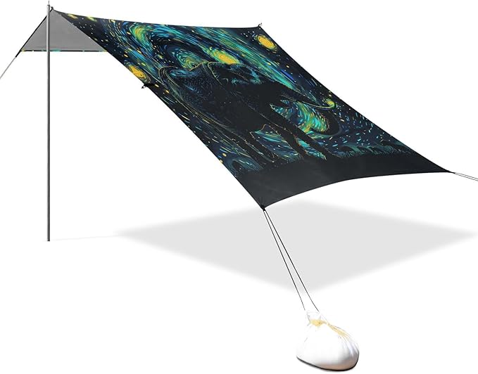 ALAZA Elephant Starry Sky Beach Tent Sun Shelter UPF50+ Protection Beach Shade Canopy w/ 4 Sandbags for Outdoor Camping Fishing Backyard Fun Picnic 10x9 ft