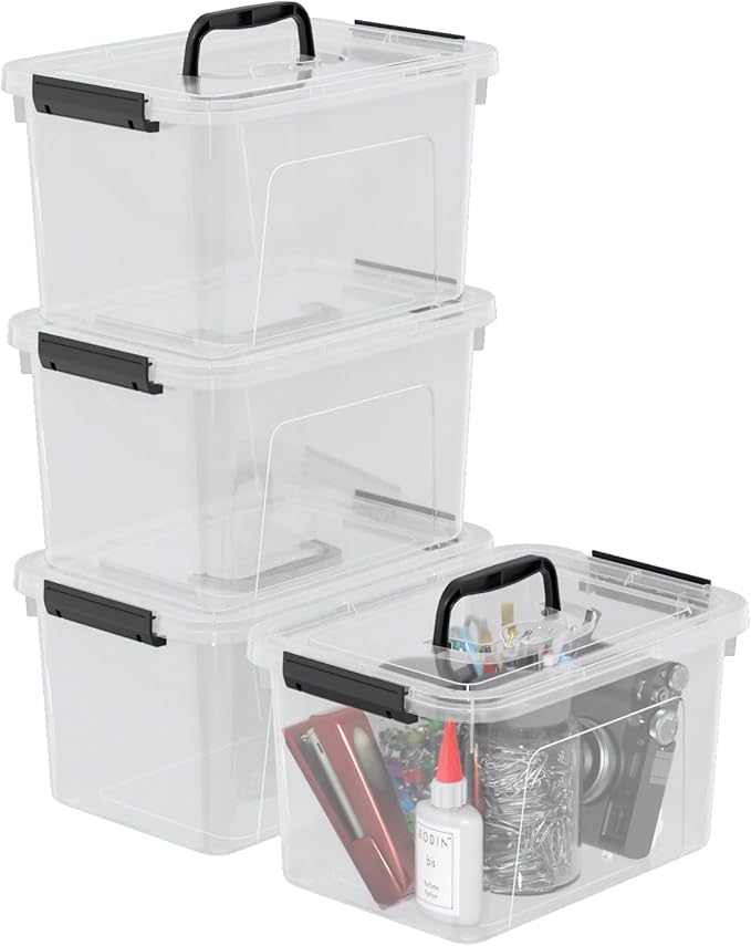 6 L Lidded Storage Bins Clear Plastic Box with Handle 4 Pack