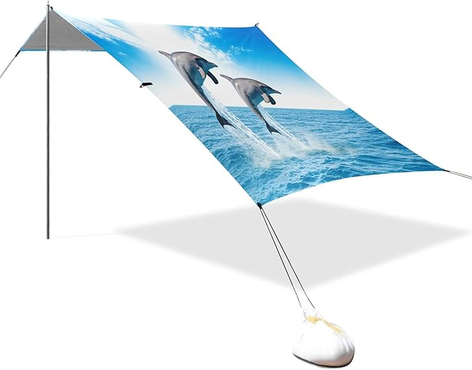 Dolphin Beach Canopy Sun Shelter with Sandbags &amp Sand Shovel &amp Windproof Ropes - Portable 110x126 Beach Shade Beach Tent for Camping Picnics