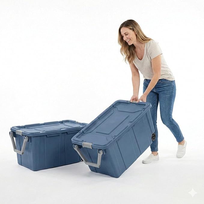 40 Gallon Plastic Storage Box with Wheels and Lids Stackable Industrial Tote Pack of 2 (Blue)
