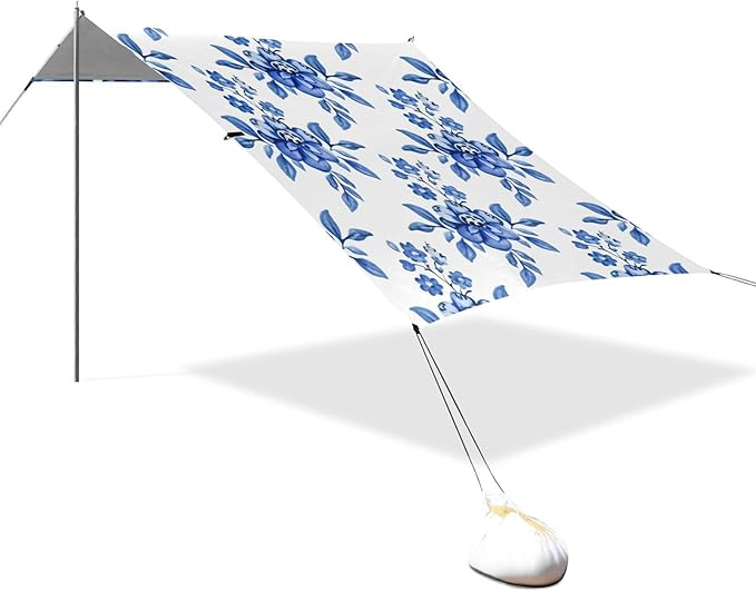 Beach Canopy with Windproof Ropes &amp Sandbags Beach Tent Sun Shade Sun Shelter for Camping Trips Fishing Backyard Fun or Picnics Blue Flowers