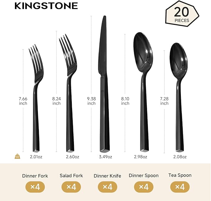 KINGSTONE Black Silverware Set 20-Piece Flatware Cutlery Set Premium Stainless Steel Service for 4 for Kitchen Home Wedding Party Mirror Polished and Dishwasher Safe