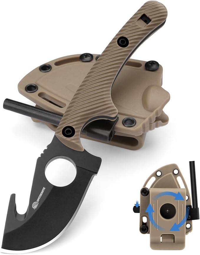 Small Hunting Knife HO-YN Compact Fixed Blade Knife with Gut Hook Rotating Clip &amp Whistle for Fishing &amp Outdoor (Khaki)