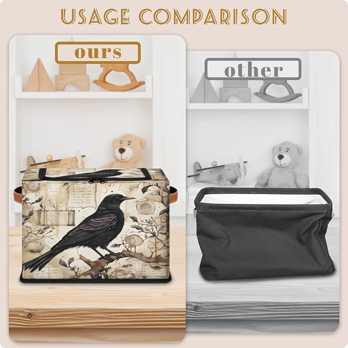 Halloween Crow Storage Bins with Lids Tree Collapsible Cube Storage Basket with Leather Handle Foldable Storage Box with Lids for Organizing Home Closet