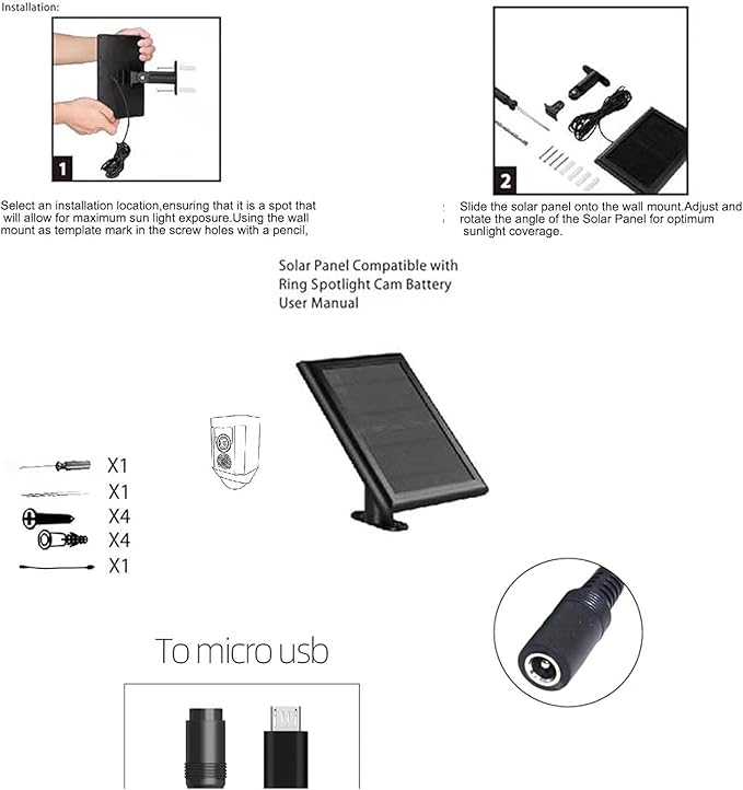 2 Pack Ring Solar Panel(2nd Generation) 5W Solar Panel Charger with Mount for Stick Up Camera &amp Pro Spotlight Plus &amp ProBlack12FT/4M Long Cable with USB-C to Ring Barrel Plug Adapter 。