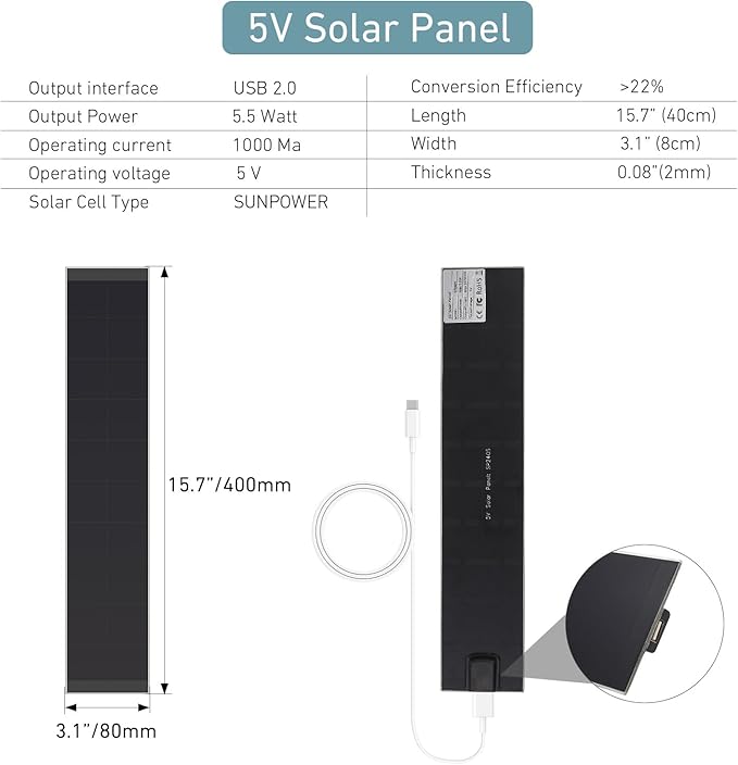 5V 5W Blinds Solar Panel Charger USB-C Small Solar Power with 8.2-Inch Cable for Motorized Blinds Security Cameras Doorbells Smartphones Roller Shades