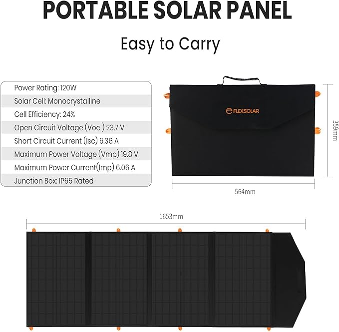FlexSolar 120W Portable Solar Panel for 300/500/1000/1500W Power StationIP67 Waterproof Folding Solar Charger with USB C&amp2 USB A&amp18V DC Output Charge GeneratorCell PhonesPower Bank12V Car