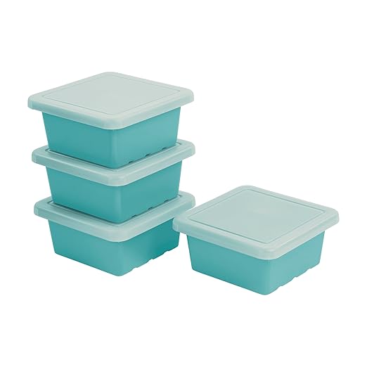 ECR4Kids Stackable Square Bins with Non-Snap Lids Multipurpose Organization Seafoam 4-Pack