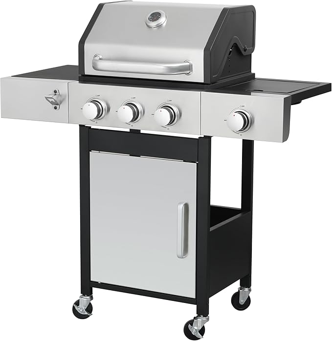 BBQ Grill 3-Burner Propane Gas Grill with Side Burner 37230 BTU Output Enameled Cast Iron Cooking Grids &amp Stainless Steel Front Door for Outdoor BBQ Camping and Family Gatherings
