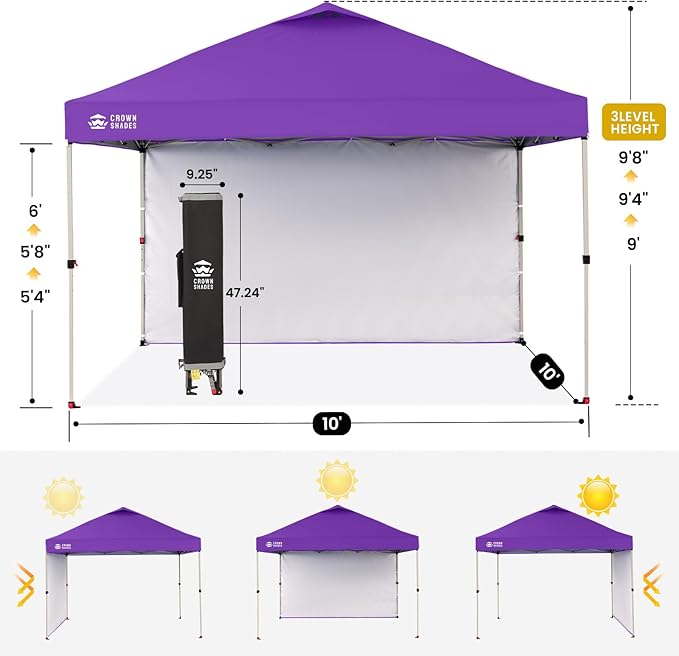 CROWN SHADES 10x10 Pop Up Canopy with 1 Side Wall - Beach Tent with One Push Setup - Outdoor Sun Shade for Events Parties Camping - Gazebo with STO-N-Go Cover Bag (Purple)