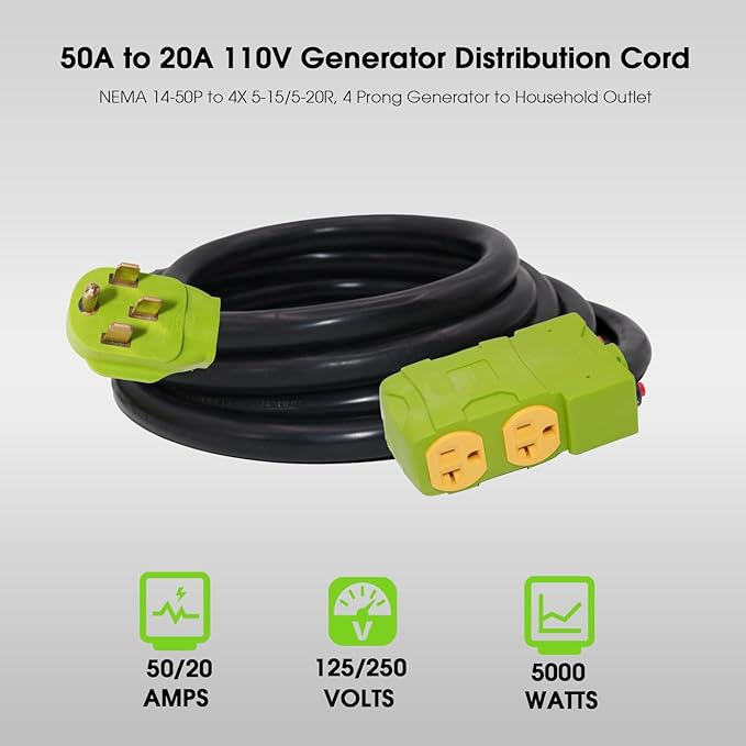 50 Amp to 20 Amp 110V RV Distribution Adapter with Circuit BreakerNEMA 14-50P to 4 X 5-20R/15R RV 4 Prong to Mutiple Household Outlet RV Generator Adapter Cord ETL Listed (10FT)