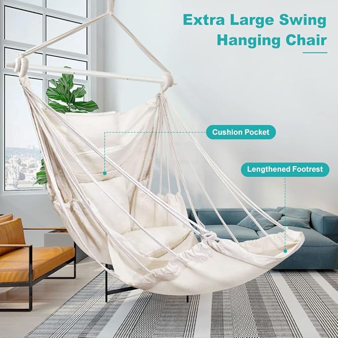 Outerman Hammock Chair Hanging Chair with 3 Cushions and Foot Rest Support Sturdy Metal Spreader Bar Max 440 Lbs Swing Chair for Bedroom Indoor &amp Outdoor Patio Porch or Tree（White）