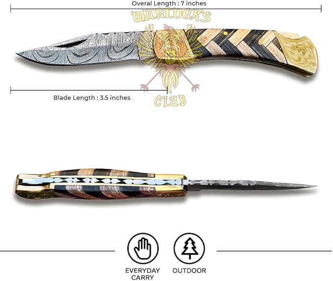 Handmade Damascus Pocket Knife with Sheath 7 Folding Hunting Knife with Wood Handle Small Camping Knife for Outdoor