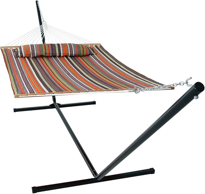 Sunnydaze Quilted Double Hammock with Stand for Outside - 400-Pound Capacity 2-Person Hammock with Stand - 15-Foot Stand - Canyon Sunset