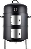 Realcook Vertical 17 Inch Steel Charcoal Smoker Heavy Duty Round BBQ Grill for Outdoor Cooking Black