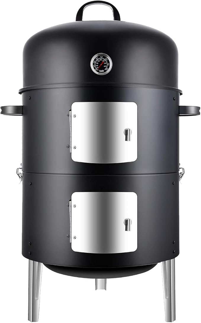 Realcook Vertical 17 Inch Steel Charcoal Smoker Heavy Duty Round BBQ Grill for Outdoor Cooking Black