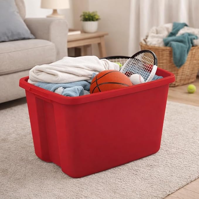 Red 8-Pack 18 Gallon Plastic Storage Bins with Snap-On Lids Stackable Lidded Containers with Comfortable Integrated Handles for Camping Gear Sports Equipment Tools Blankets &amp Sleeping Bags