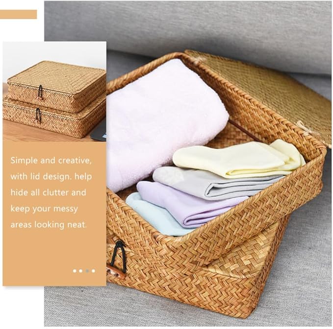 Cabilock 2pcs Woven Seagrass Storage Baskets Lid Decorative Organizers for Snacks and Household Items Natural Home Rustic Style Storage