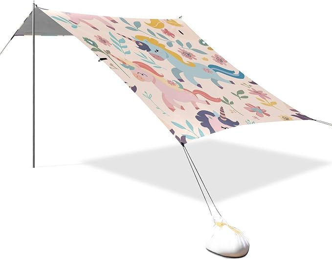 ALAZA Cute Unicorns on Floral Beach Tent Sun Shelter Portable Canopy Sunshade for Outdoor Camping Picnics Backyard Fun 10x9 ft